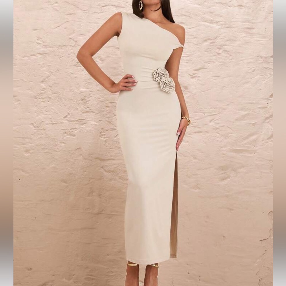 SHEIN Cream One-Shoulder Dress with Floral Detail